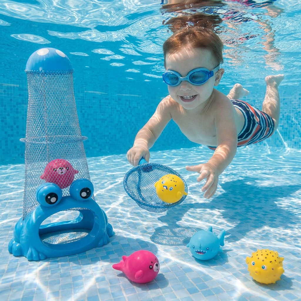 Frog Diving Pool Toy with Catch Net and Sea Animal Balls
