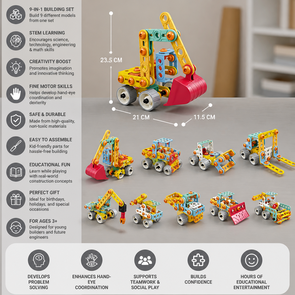 9-in-1 STEM Construction Vehicle Building Kit