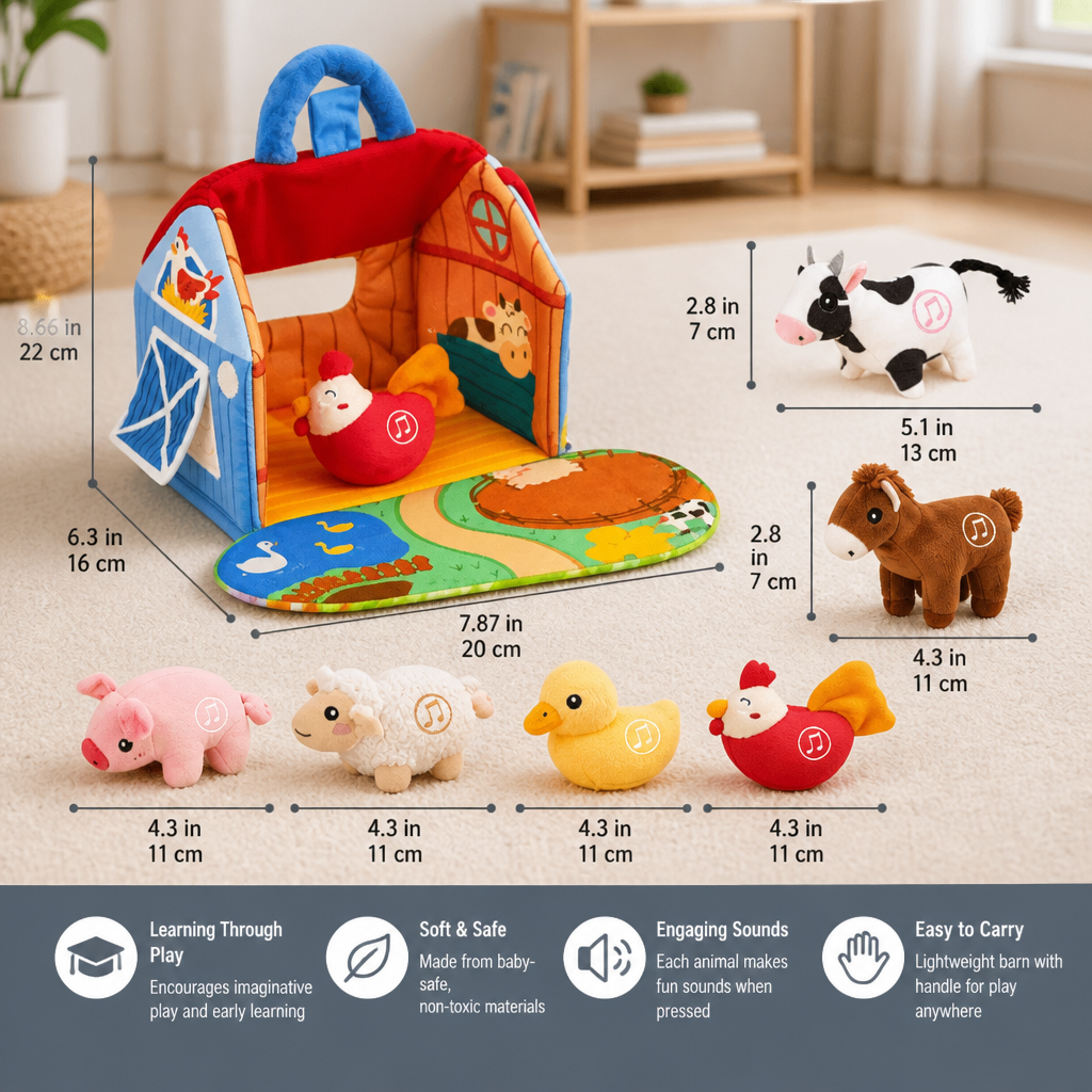 Farm Animal Plush Playset – Interactive Learning Toy with Portable Playhouse