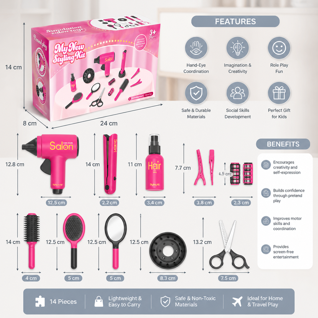 14-Piece Kids Hair Styling Salon Pretend Play Set