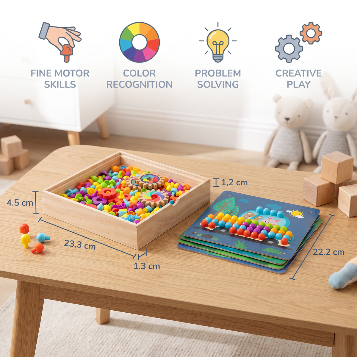4-in-1 Montessori Wooden Sensory Travel Board with Gears & Colorful Pegs