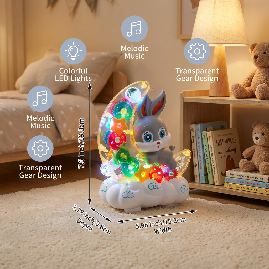 Light-Up Moon Bunny Toy – Transparent Gear Design with Music & LED Lights