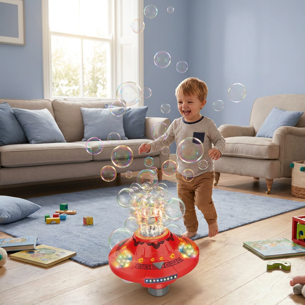 Light-Up UFO Bubble Machine for Kids – Rechargeable Spinning Bubble Blaster with LED Effects