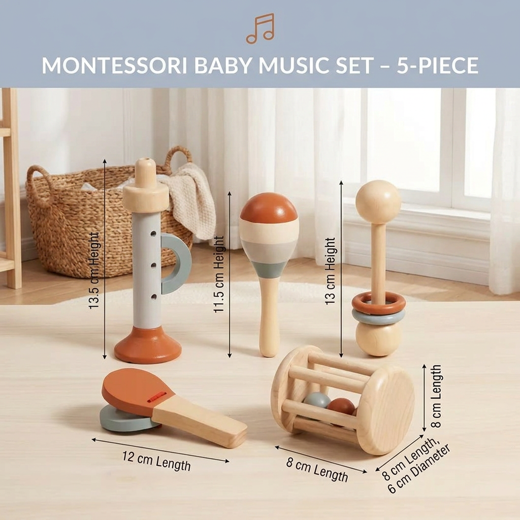 Montessori Wooden Baby Music Set – 5-Piece Sensory Rattle Toy Collection