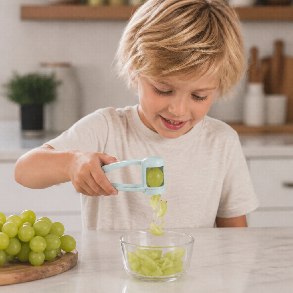 Stainless Steel Grape & Cherry Tomato Cutter – Safe One-Press Quarter Slicer for Toddlers & Kids
