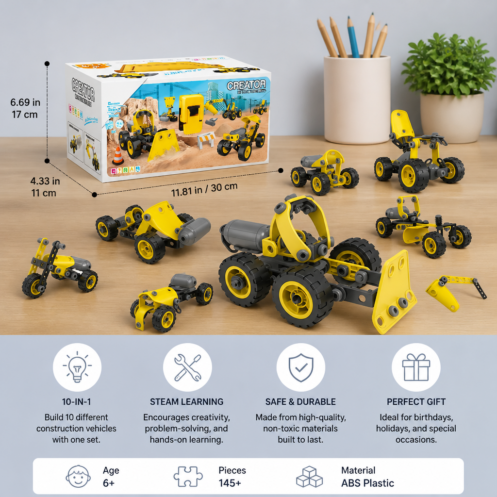 10-in-1 Creative Electric Construction Truck Building Set for Kids