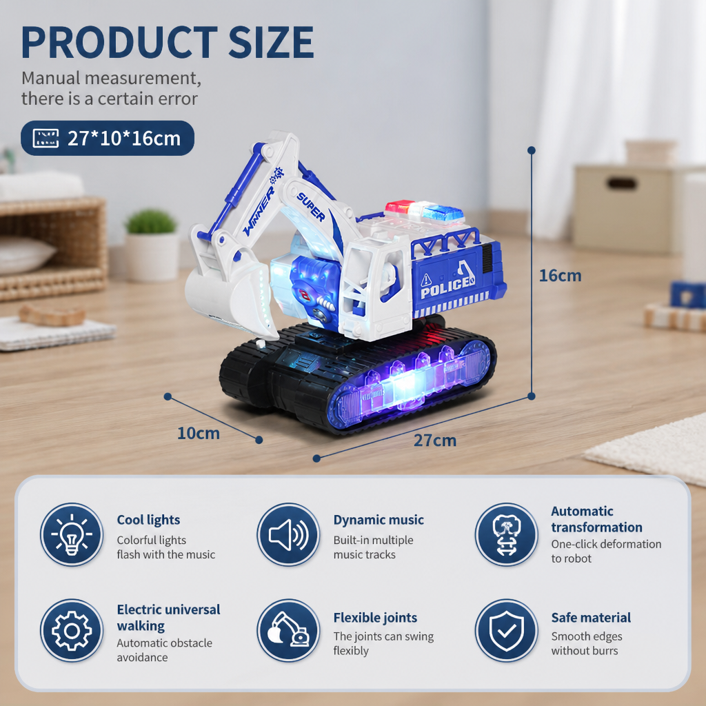 Transforming Police Robot Excavator Toy with Lights & Sounds