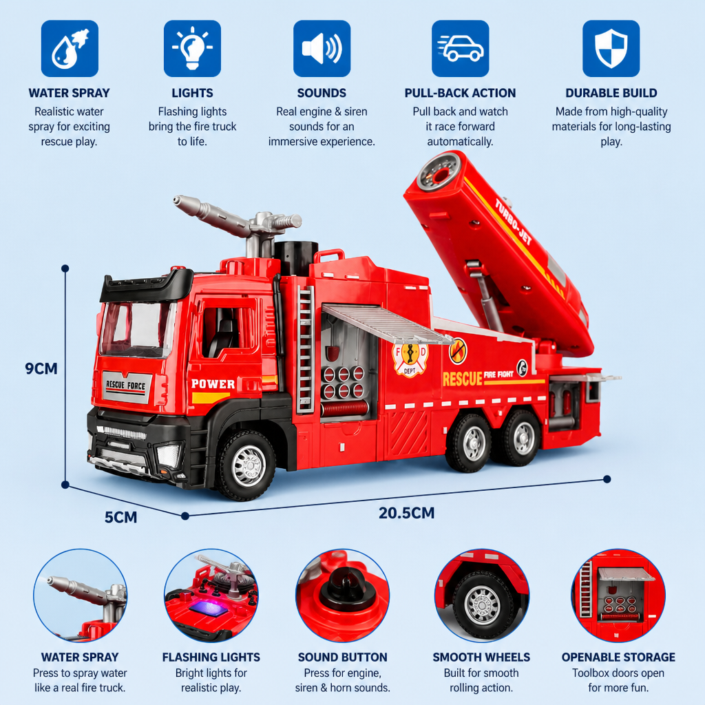 Pull-Back Fire Truck Toy with Water Spray, Lights & Sounds