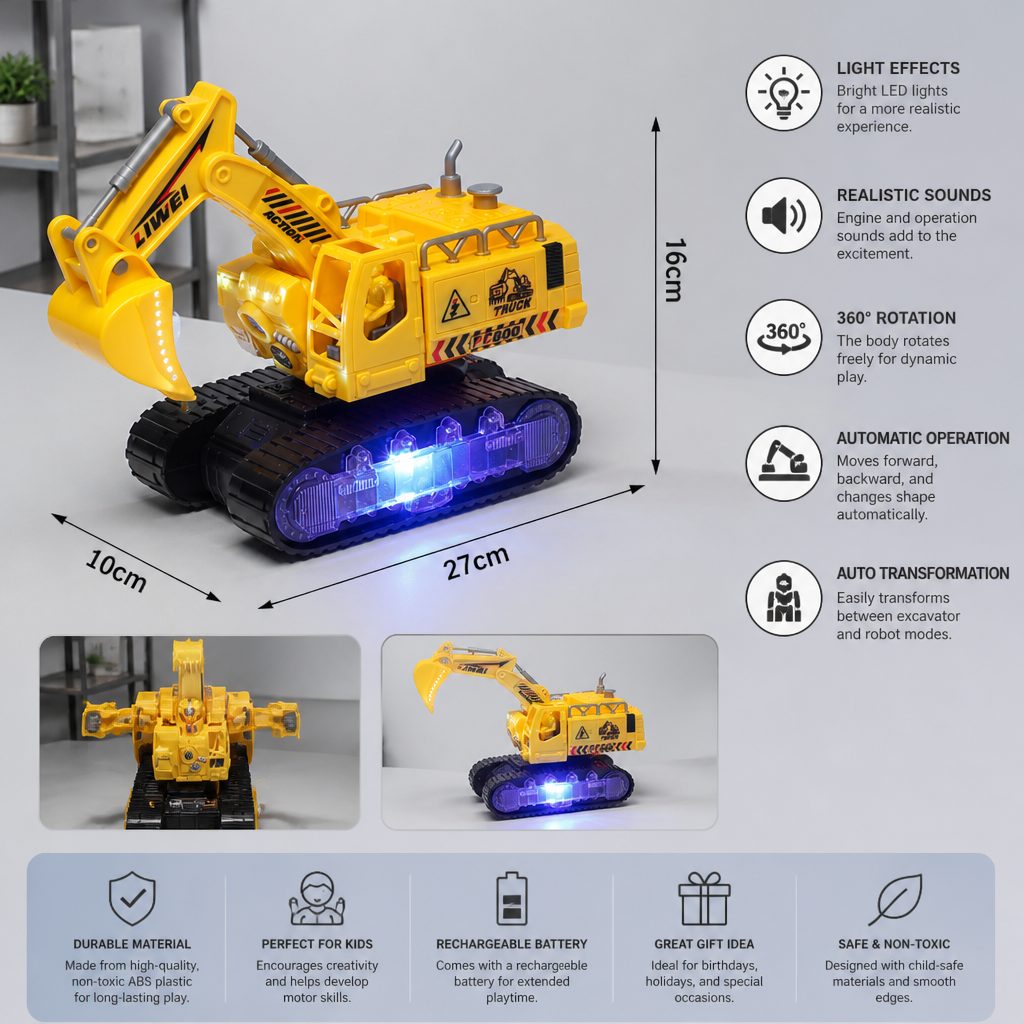 Electric Transforming Robot Excavator Toy with Lights & Sounds