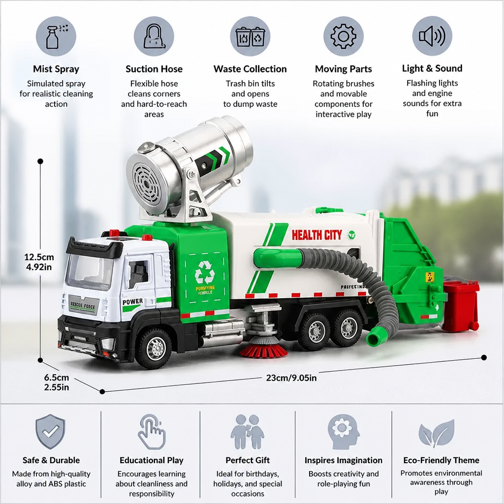 Die-Cast Street Sweeper Toy Truck with Vacuum Hose & Mist Spray