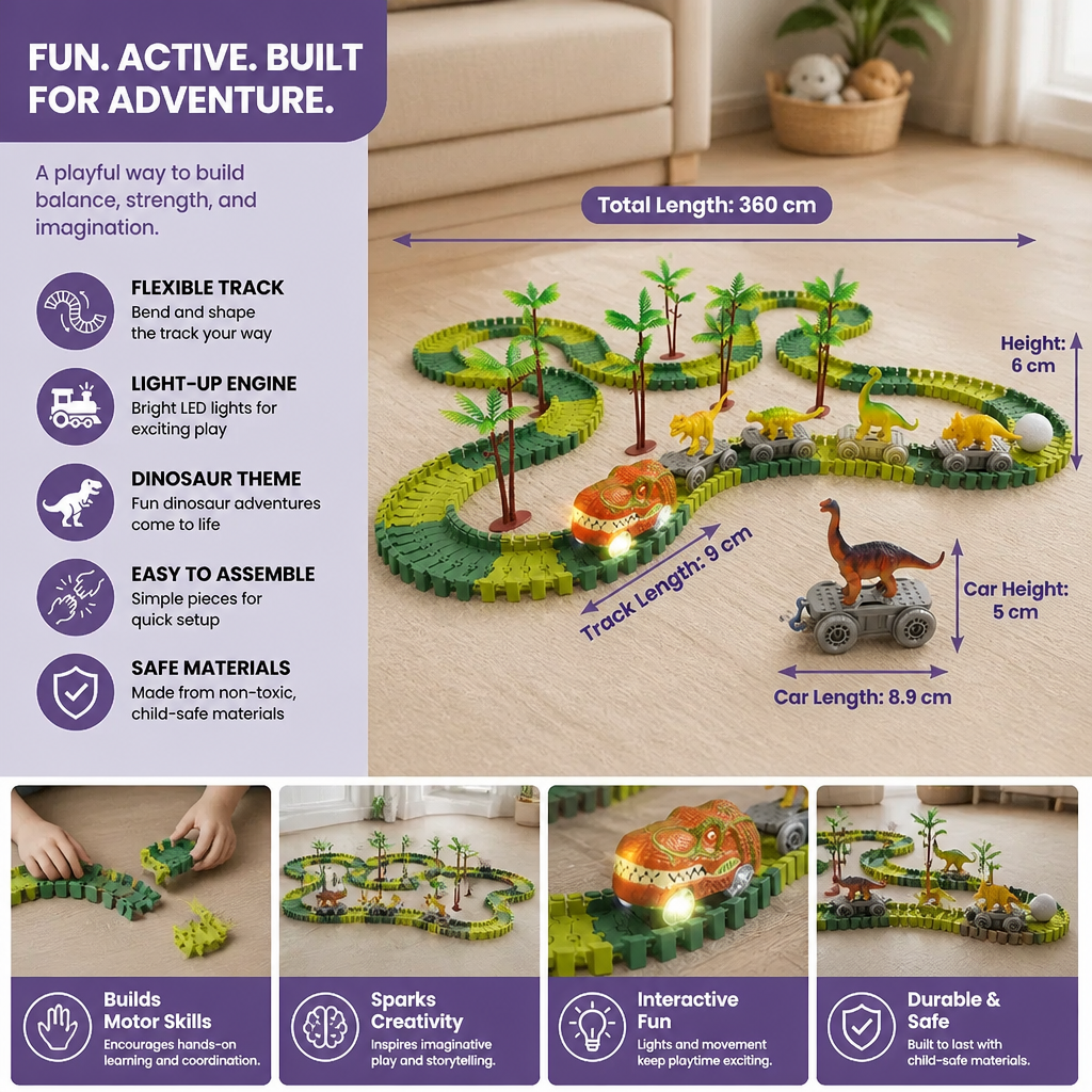 Dinosaur Track Adventure – Flexible racetrack with light-up train