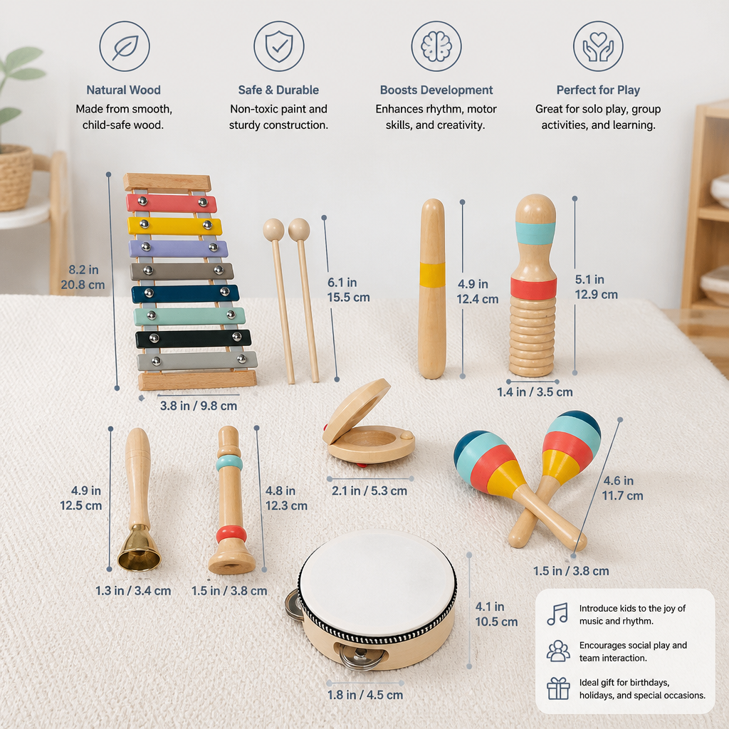 Wooden Musical Instrument Set – Montessori Percussion & Rhythm Learning Toys for Kids