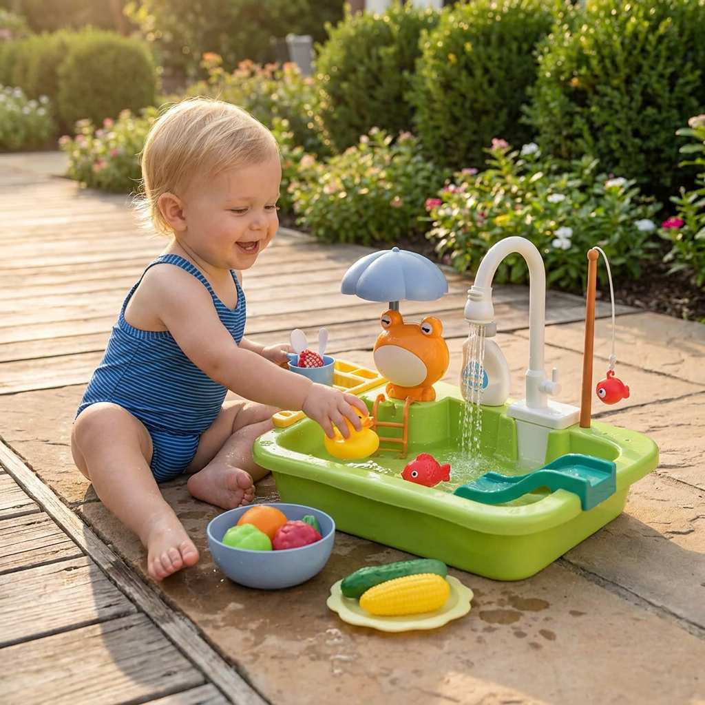 Kids Play Kitchen Sink Set with Running Water & Fishing Game