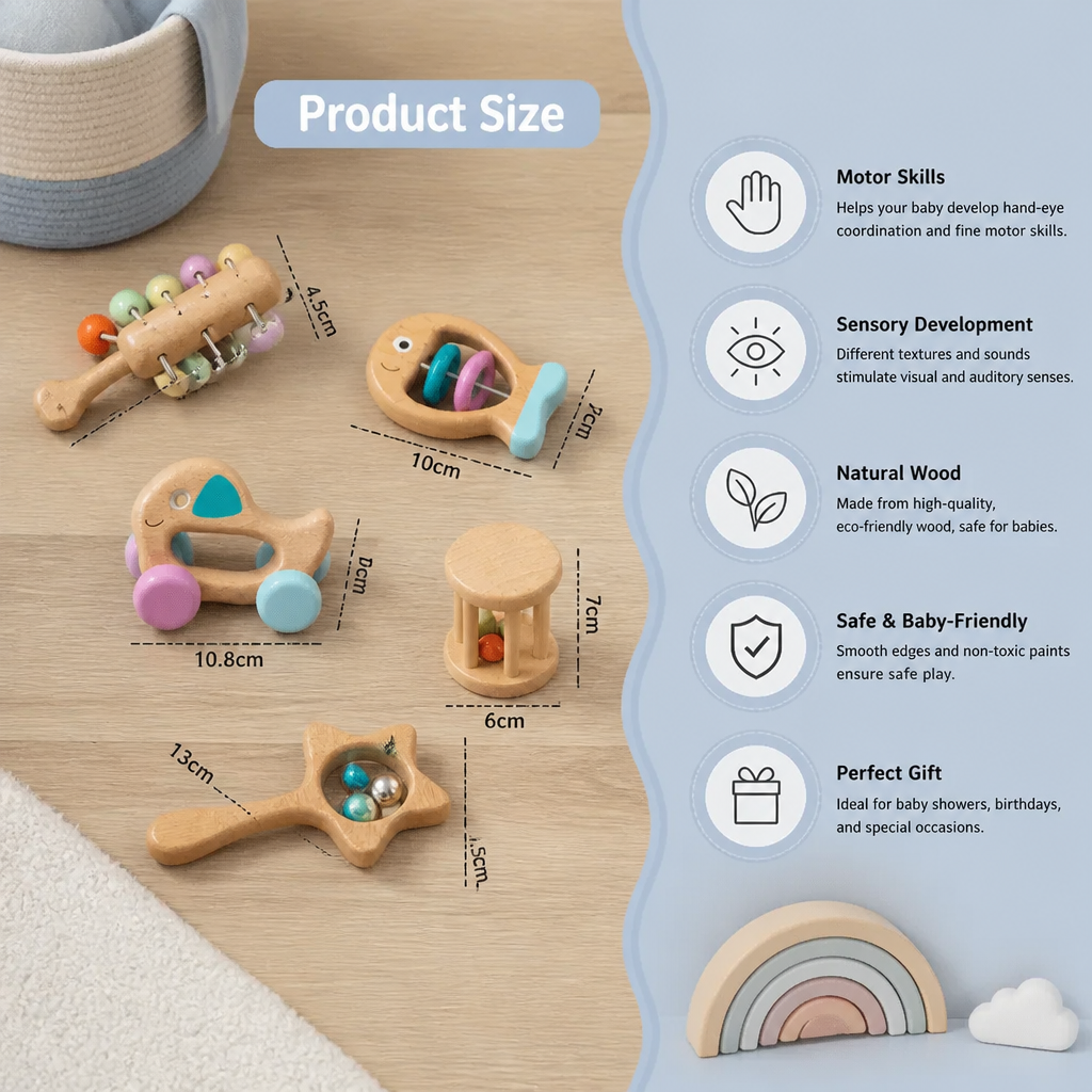 Wooden Baby Gift Set – Rattle & Musical Toy Set for Newborns