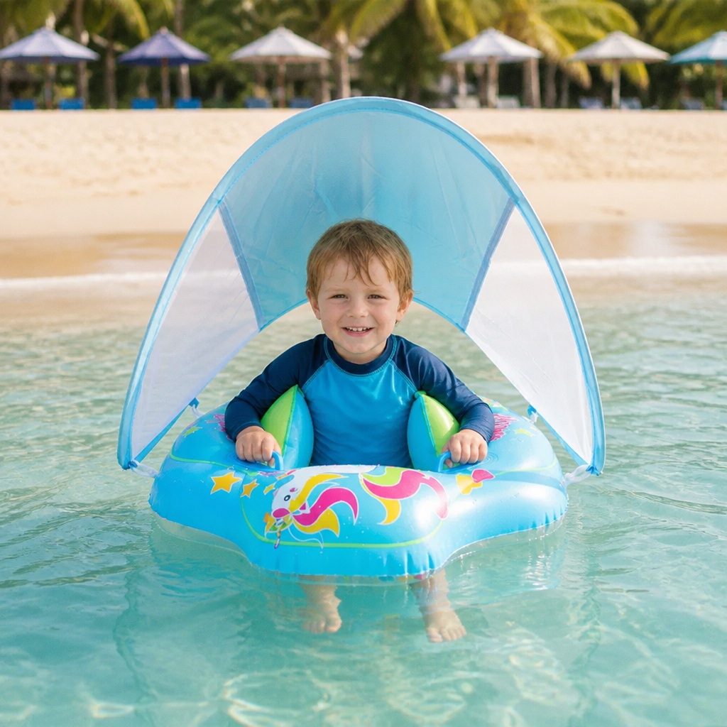 Baby Swim Float with Sun Canopy – Inflatable Infant Swimming Ring for Safe Water Fun