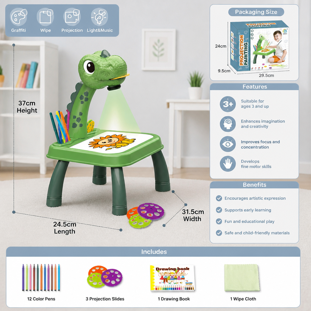 Dinosaur Projection Drawing Table for Kids with Markers and Music