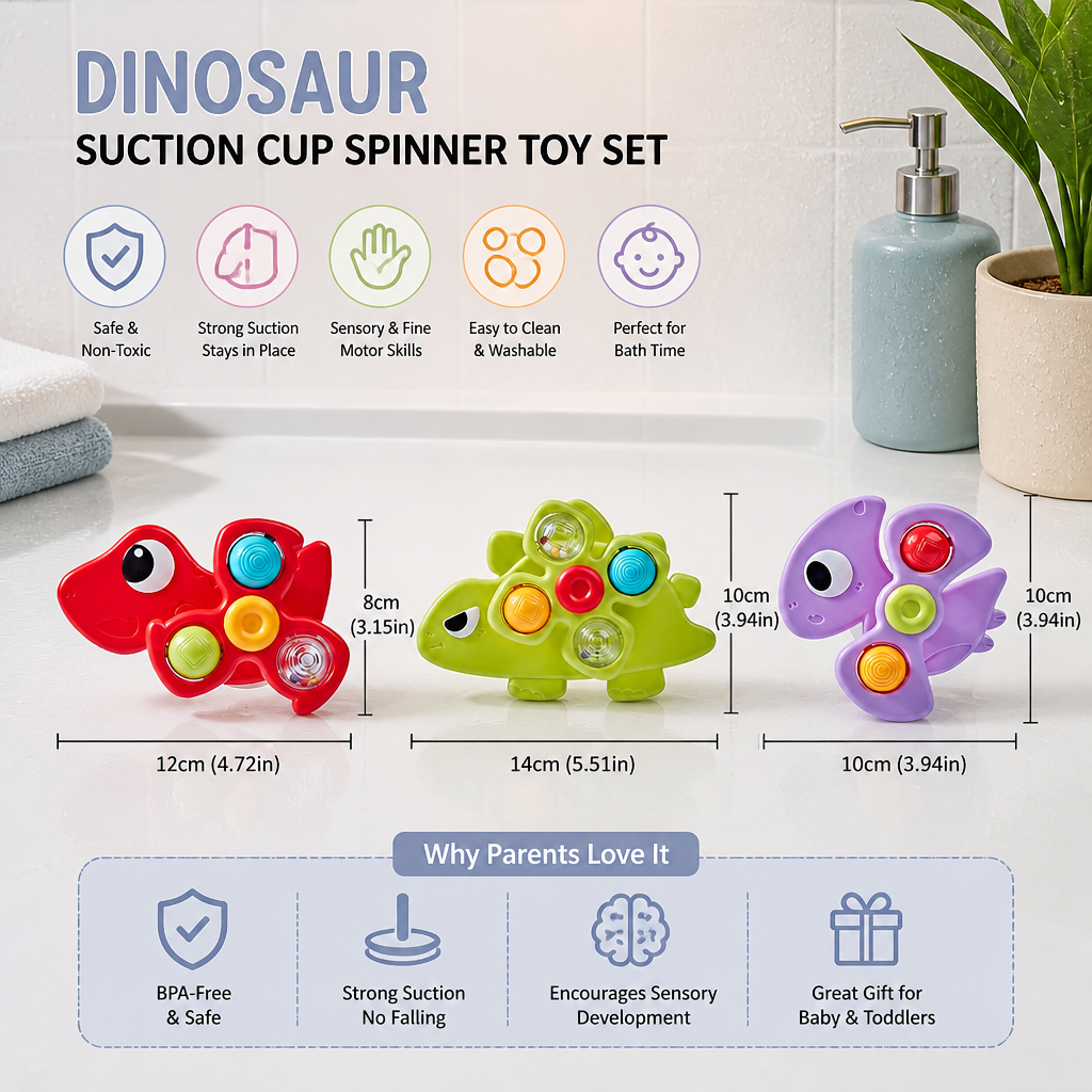 Dinosaur Suction Cup Spinner Toy for Babies & Toddlers Set of 3