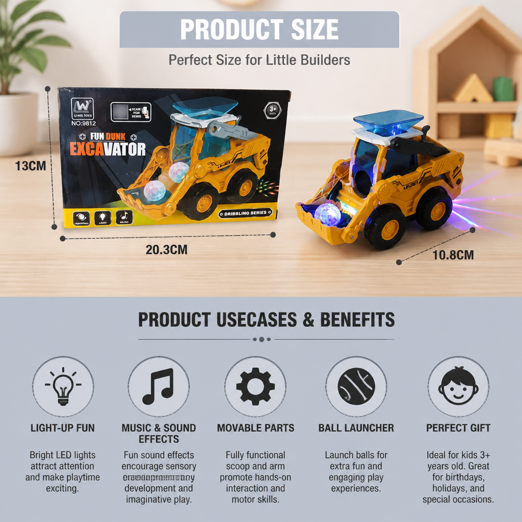 Interactive Light-Up Construction Bulldozer with Ball Launcher for Kids