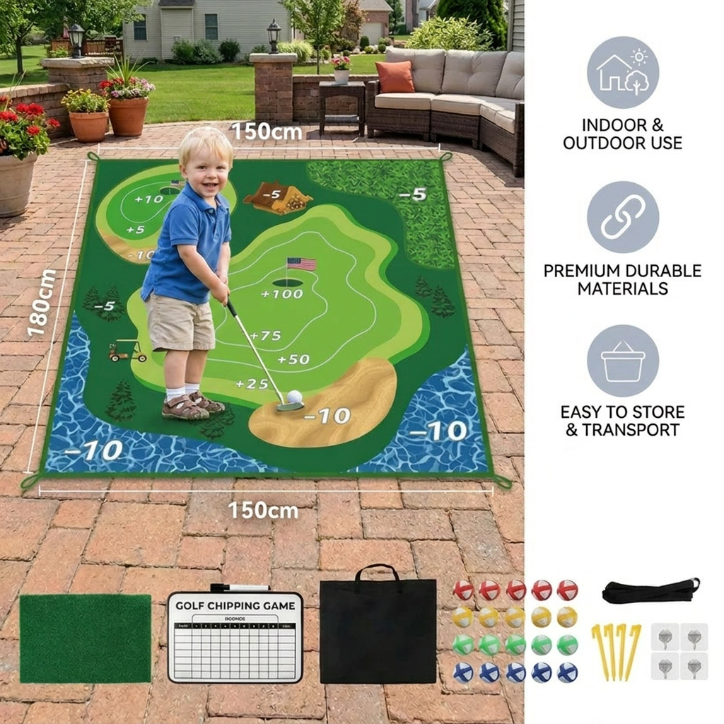2in1 Golf Training & Play Set – Indoor & Outdoor Swing Mat with Target Wall & Club