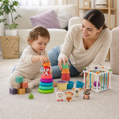 5-in-1 Montessori Soft Rubber Baby Sensory Play Set with Stacking & Sorting Toys – 26 Pieces