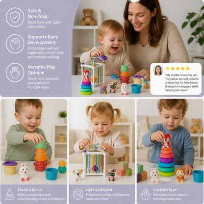 5-in-1 Montessori Soft Rubber Baby Sensory Play Set with Stacking & Sorting Toys – 26 Pieces