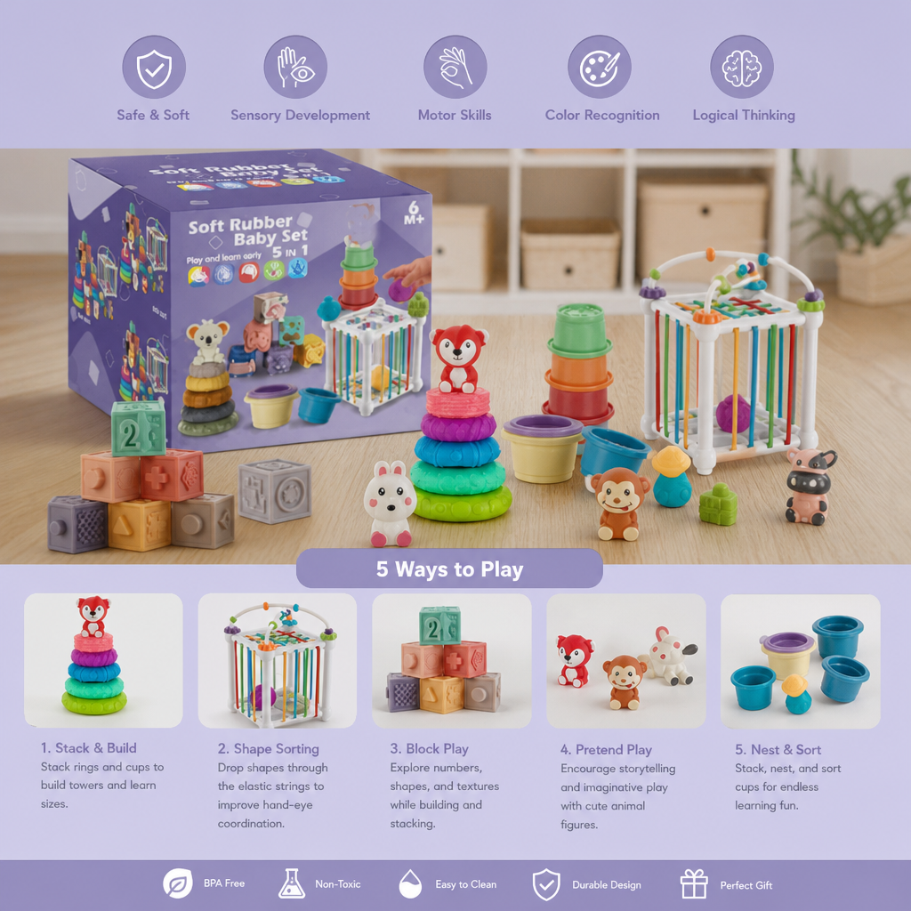 5-in-1 Montessori Soft Rubber Baby Sensory Play Set with Stacking & Sorting Toys – 26 Pieces