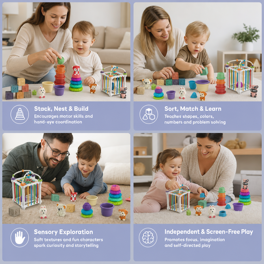 5-in-1 Montessori Soft Rubber Baby Sensory Play Set with Stacking & Sorting Toys – 26 Pieces