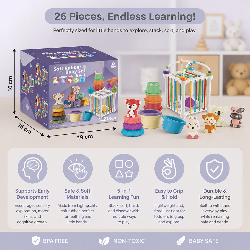 5-in-1 Montessori Soft Rubber Baby Sensory Play Set with Stacking & Sorting Toys – 26 Pieces