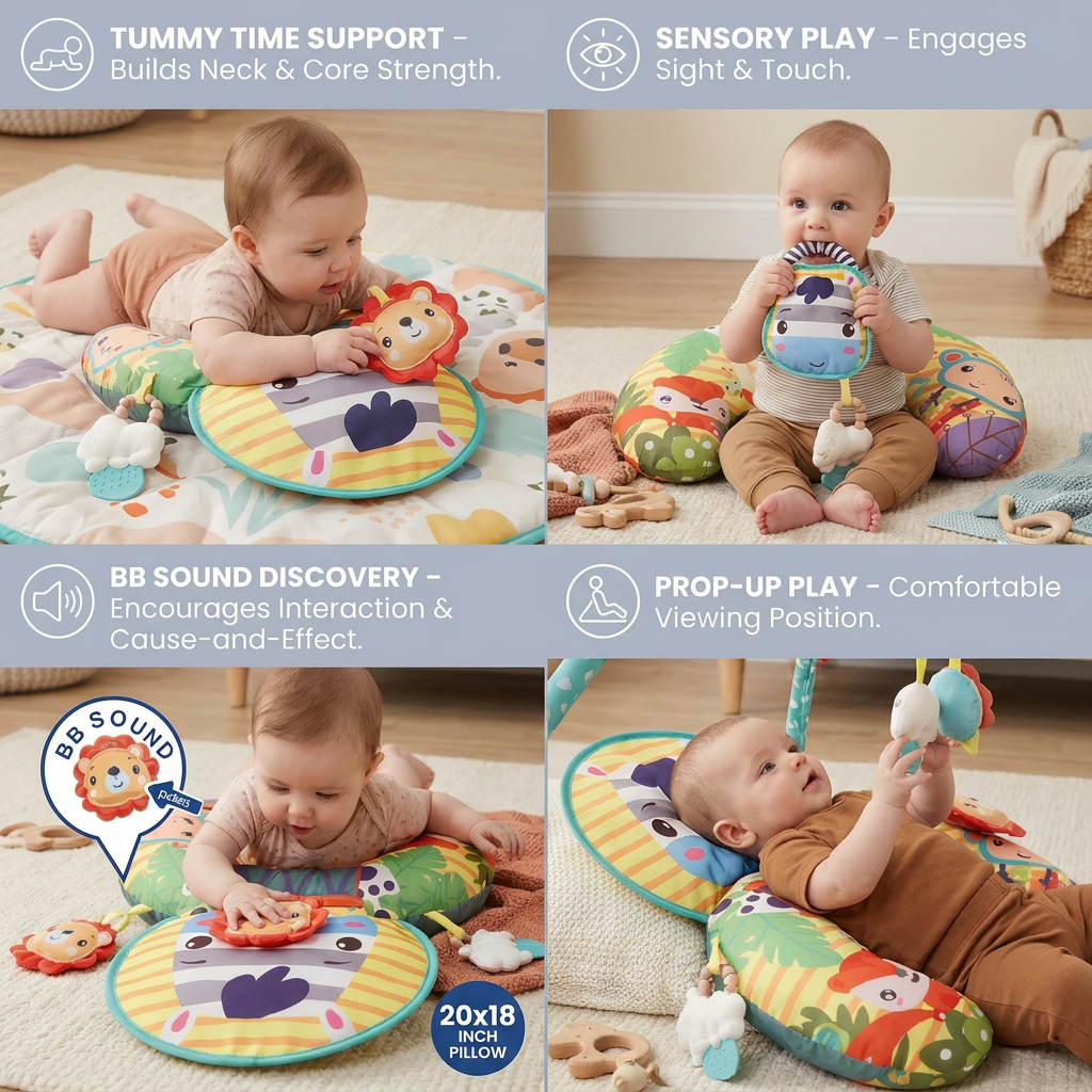 Baby Training Pillow for Tummy Time with Play Arch – Supports Sensory Development & Early Growth