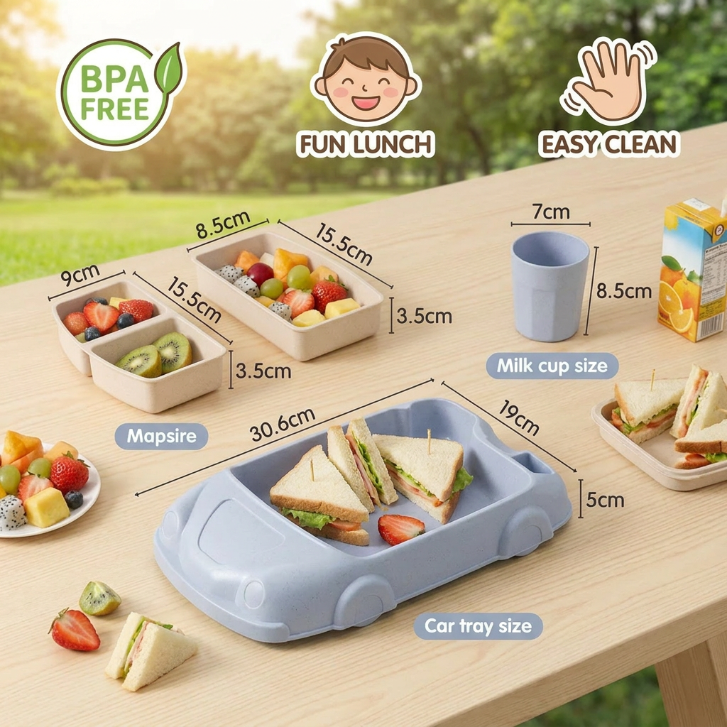Kids Car-Shaped Bento Lunch Box – Fun Compartment Food Tray with Cup