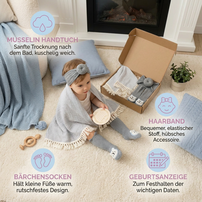 Baby Care Gift Box – Towel, Socks or Headband & Bath Brush for Newborns