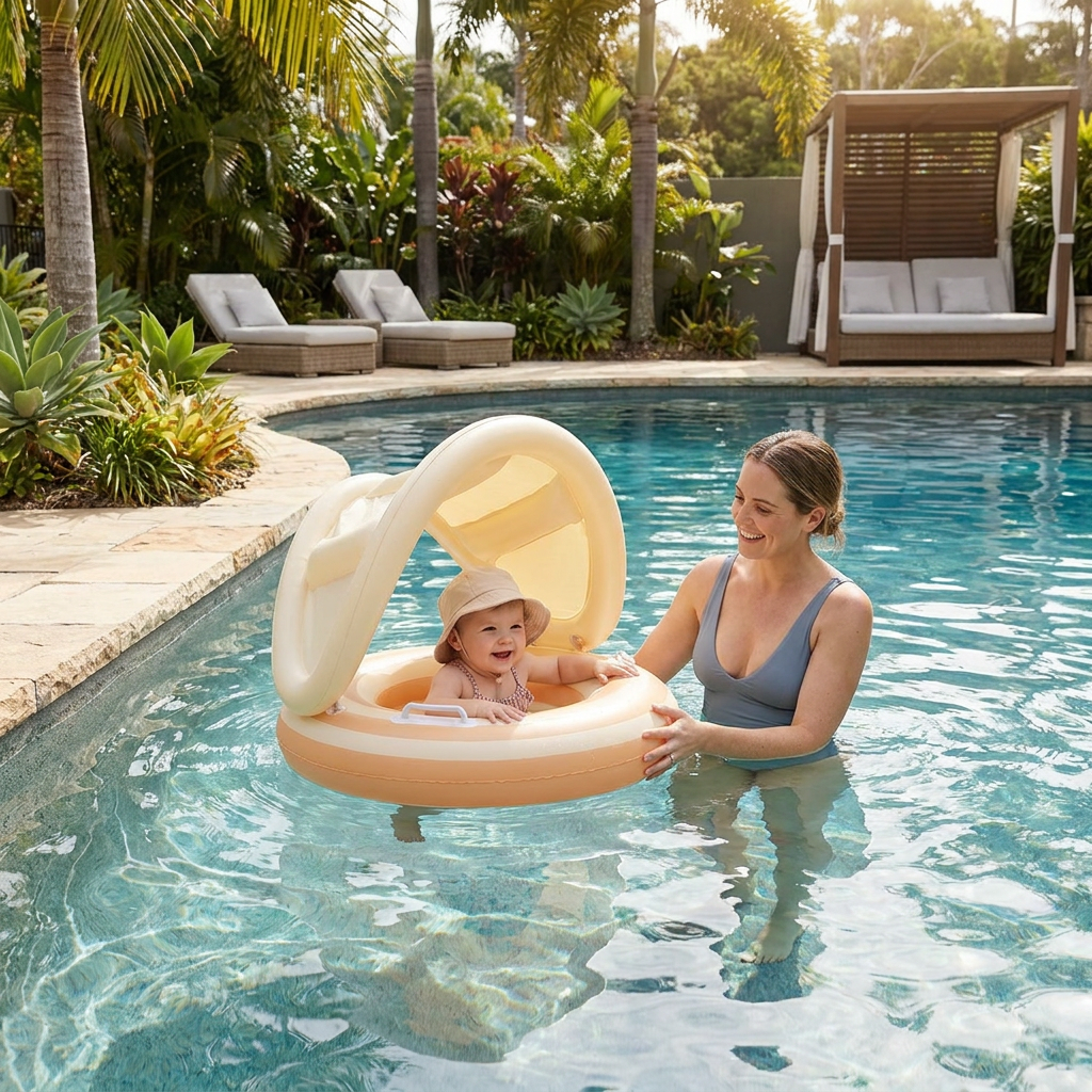 Inflatable Retro Lollipop Baby Swim Ring with Removable Sun Canopy – Secure Seat for 6–36 Months