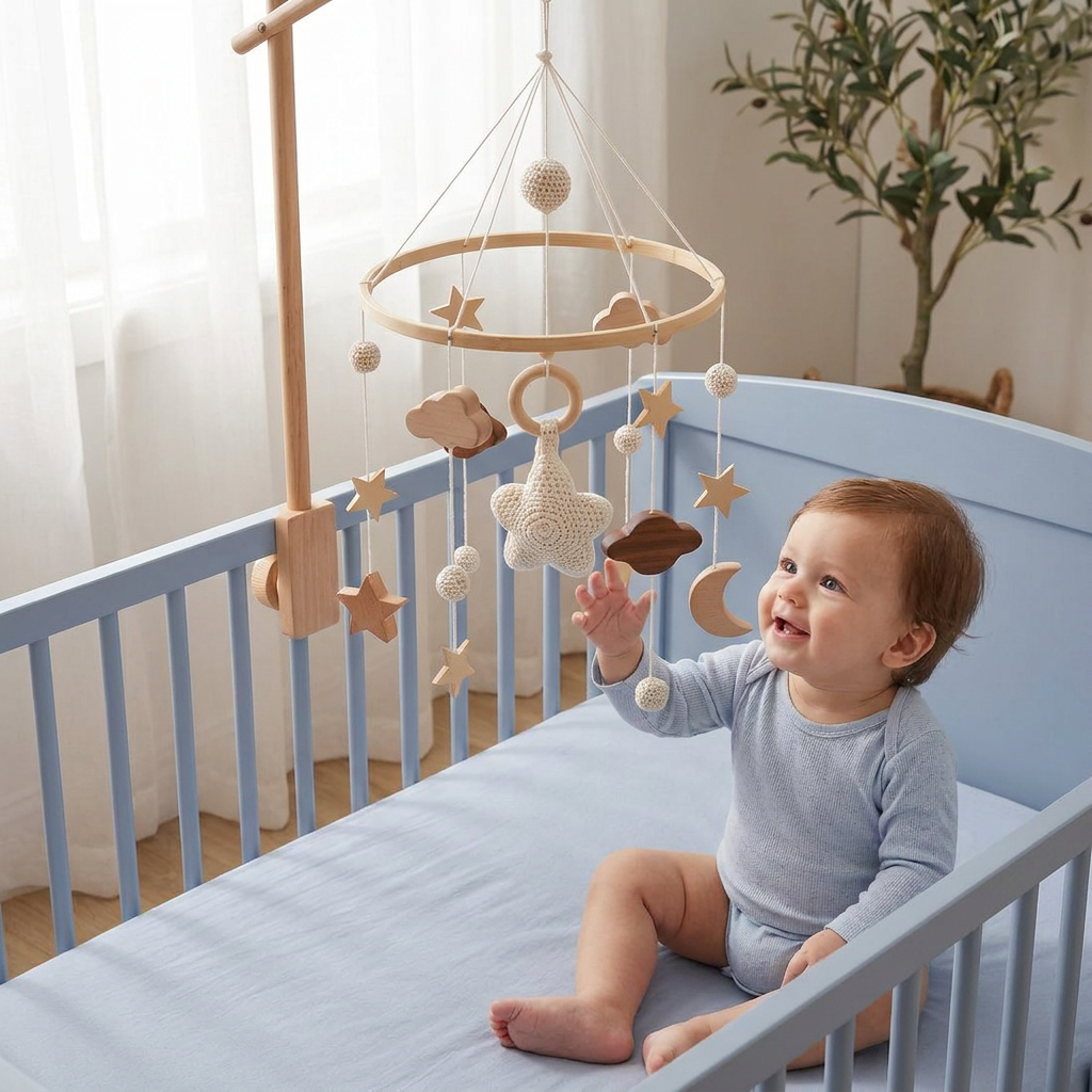 Handmade Wooden Baby Crib Mobile with Crochet Pendants – Soothing Bed Toy for Newborns