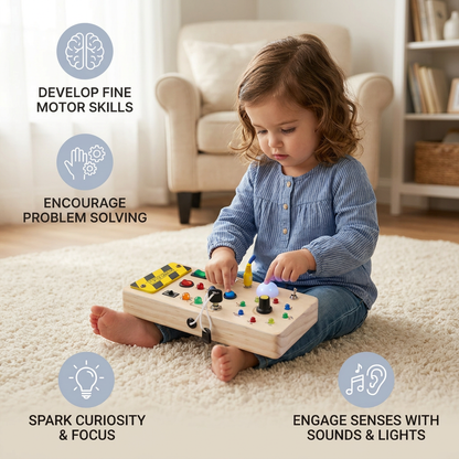 Montessori Wooden Sensory Board with Lights & Switches – Motor Skills Toy for Kids