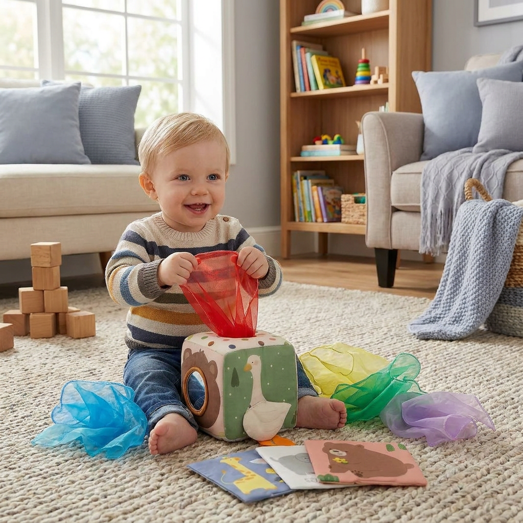 Montessori Baby Sensory Tissue Box – Soft Crinkle & Touch Activity Toy