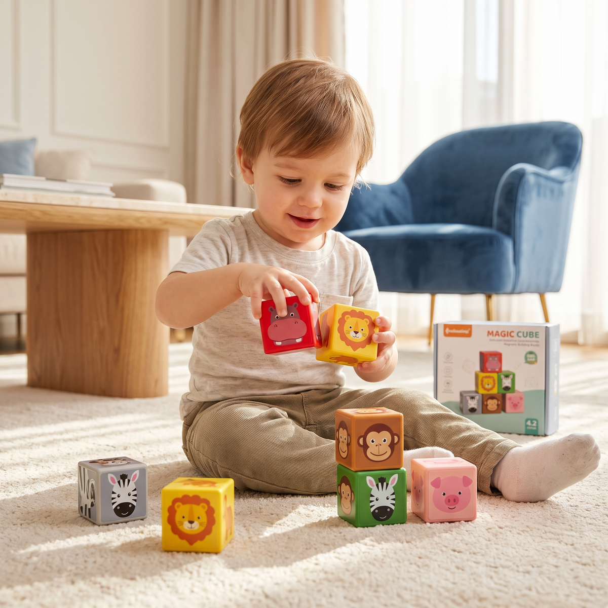 Toddler-Safe 4.2 cm Safari Animal Magnetic Building Cubes – STEM Learning Blocks