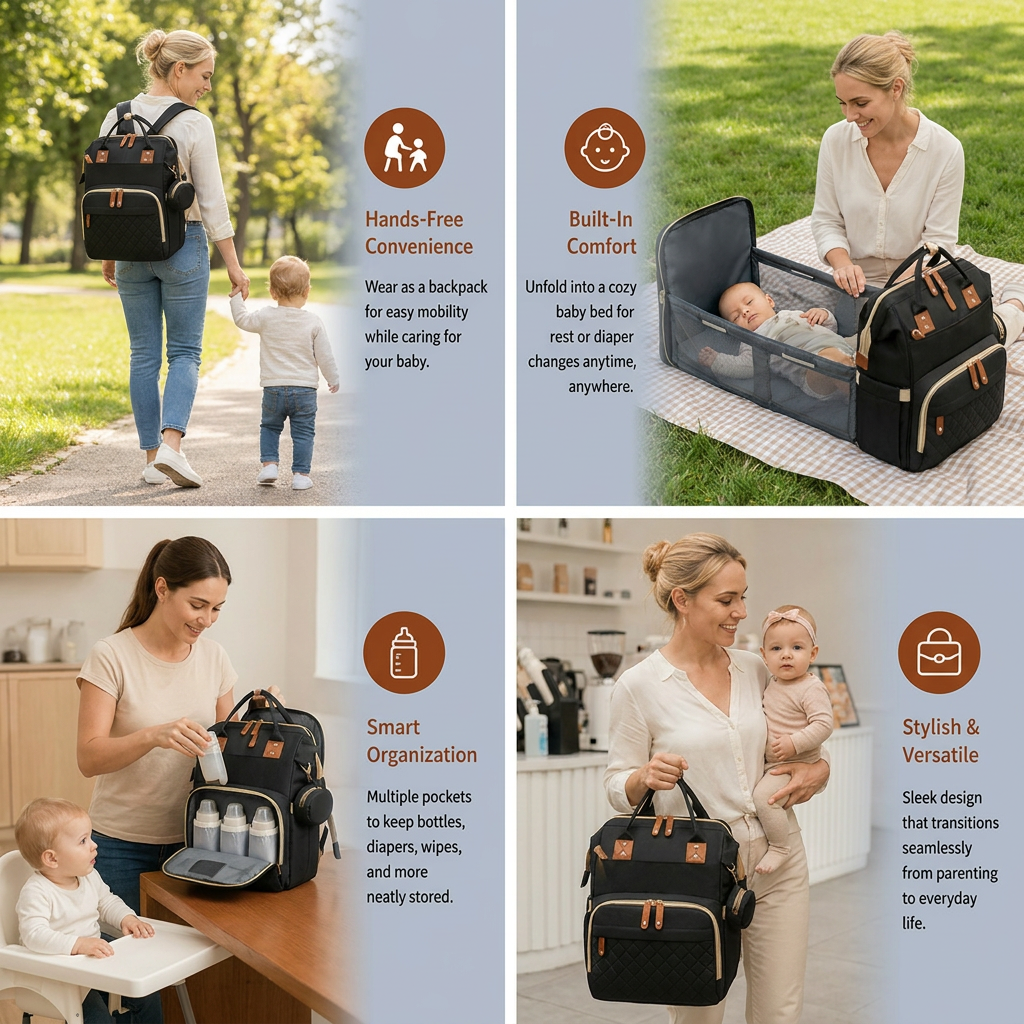 3-in-1 Travel Diaper Backpack with Foldable Baby Bed – Perfect for On-the-Go Parents