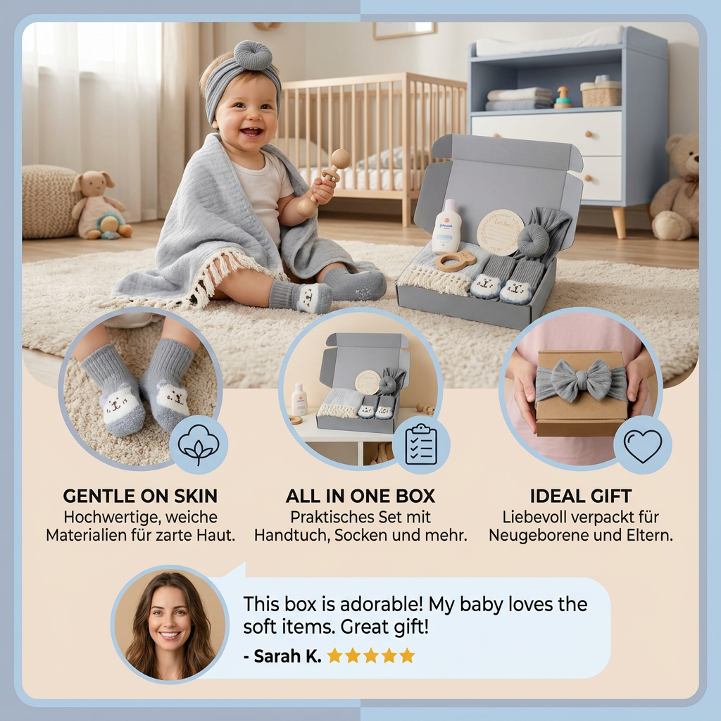 Baby Care Gift Box – Towel, Socks or Headband & Bath Brush for Newborns
