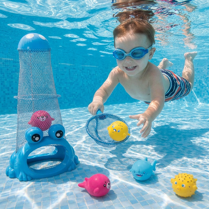 Frog Diving Pool Toy with Catch Net and Sea Animal Balls