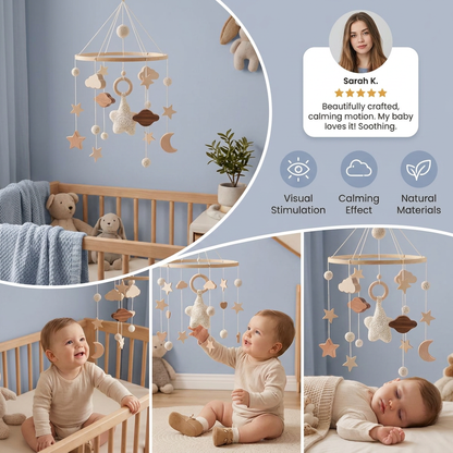 Handmade Wooden Baby Crib Mobile with Crochet Pendants – Soothing Bed Toy for Newborns