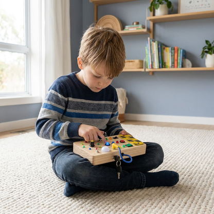 Montessori Wooden Sensory Board with Lights & Switches – Motor Skills Toy for Kids