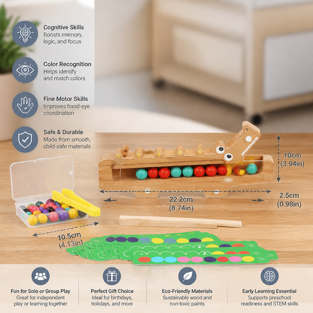 Crocodile Color Game – Educational Game with Sorting Cards and Wooden Toy