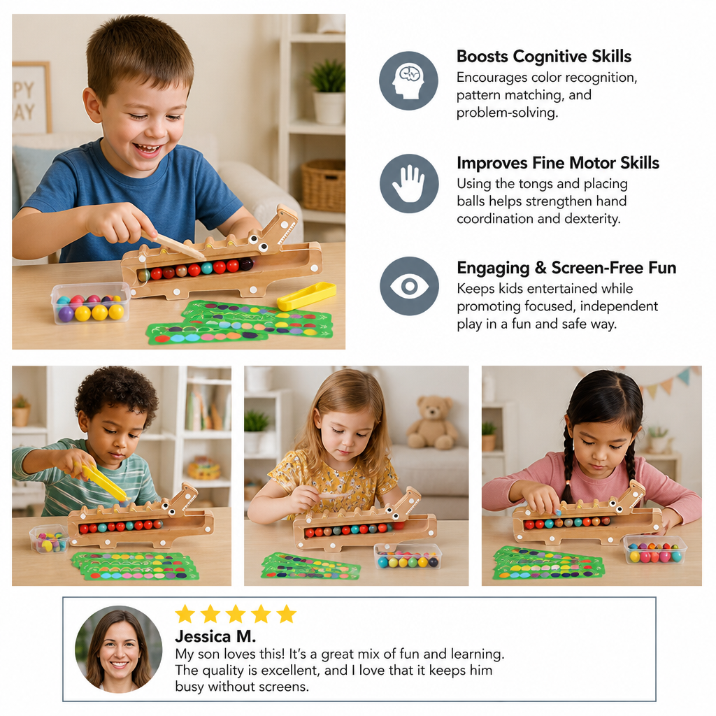 Crocodile Color Game – Educational Game with Sorting Cards and Wooden Toy