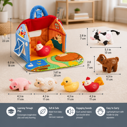 Farm Animal Plush Playset – Interactive Learning Toy with Portable Playhouse