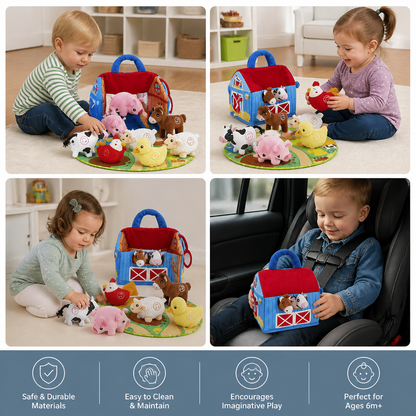 Farm Animal Plush Playset – Interactive Learning Toy with Portable Playhouse