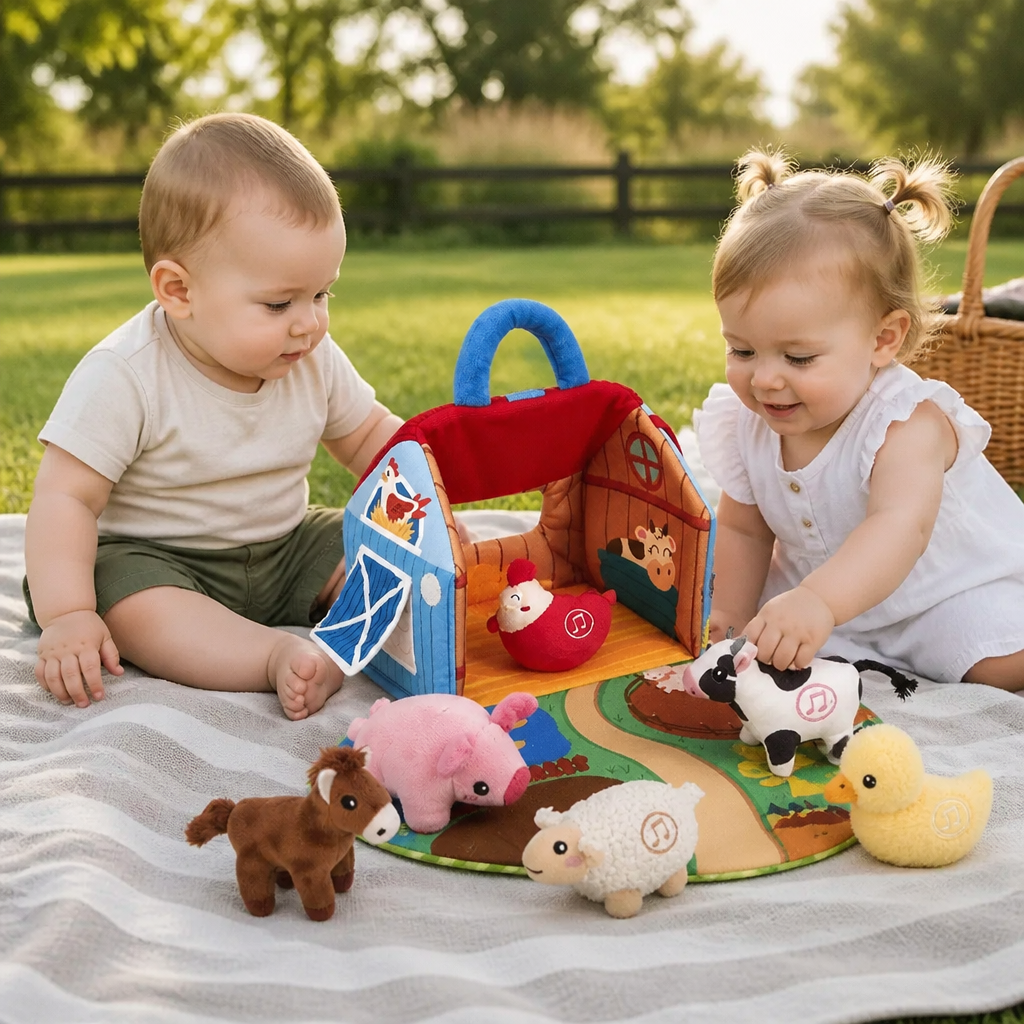 Farm Animal Plush Playset – Interactive Learning Toy with Portable Playhouse