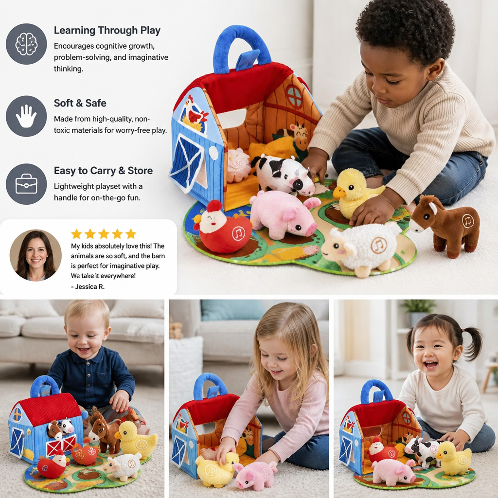 Farm Animal Plush Playset – Interactive Learning Toy with Portable Playhouse
