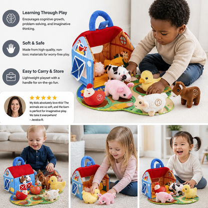 Farm Animal Plush Playset – Interactive Learning Toy with Portable Playhouse