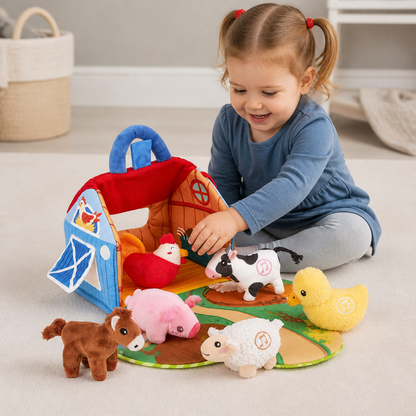 Farm Animal Plush Playset – Interactive Learning Toy with Portable Playhouse