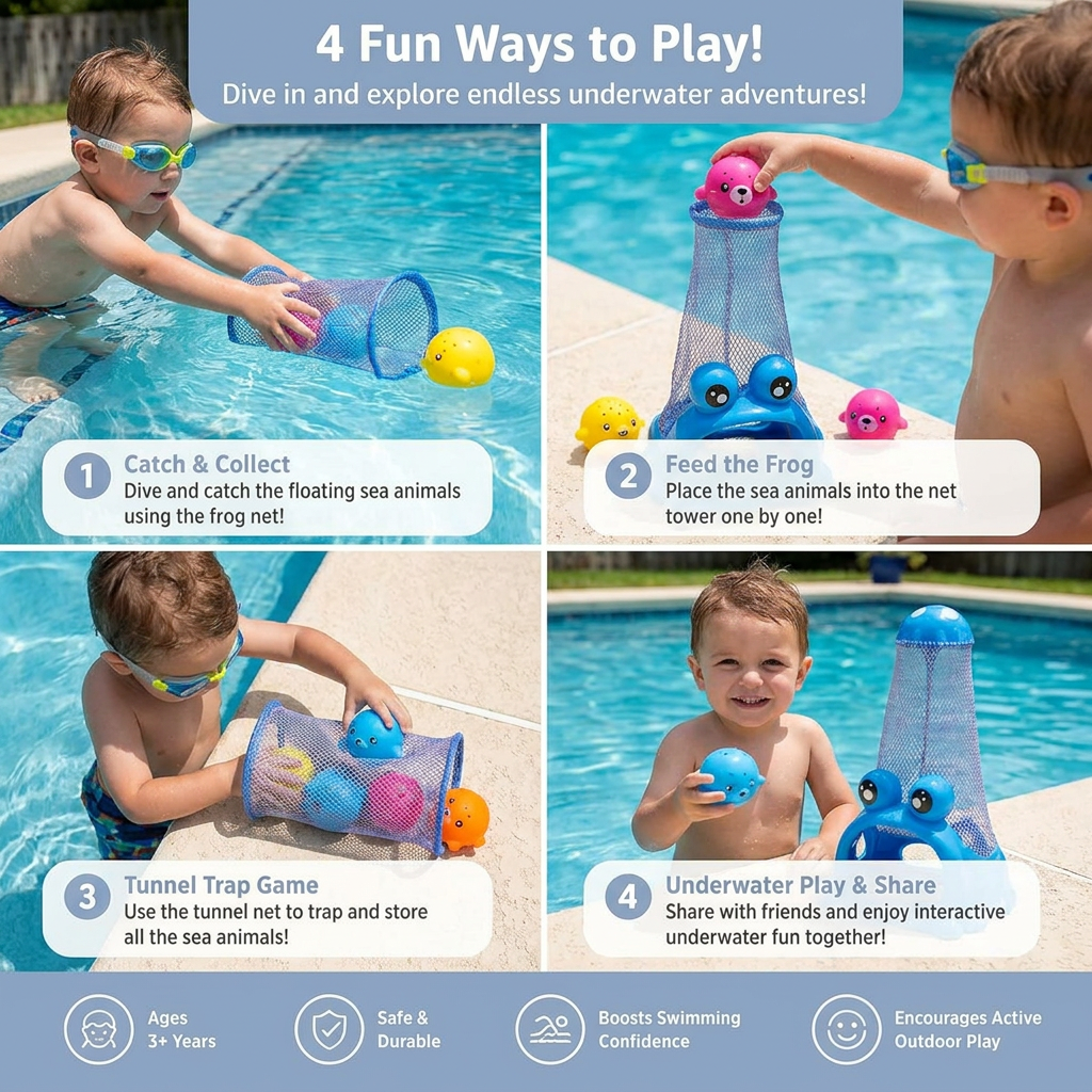 Frog Diving Pool Toy with Catch Net and Sea Animal Balls
